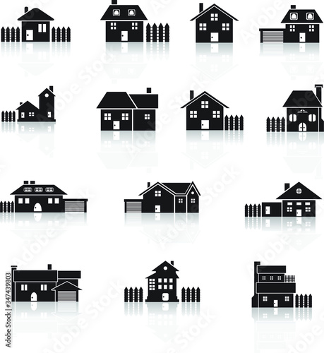 clip art, house vector icon set color, isolated, urban and rural houses with chimneys and red roof