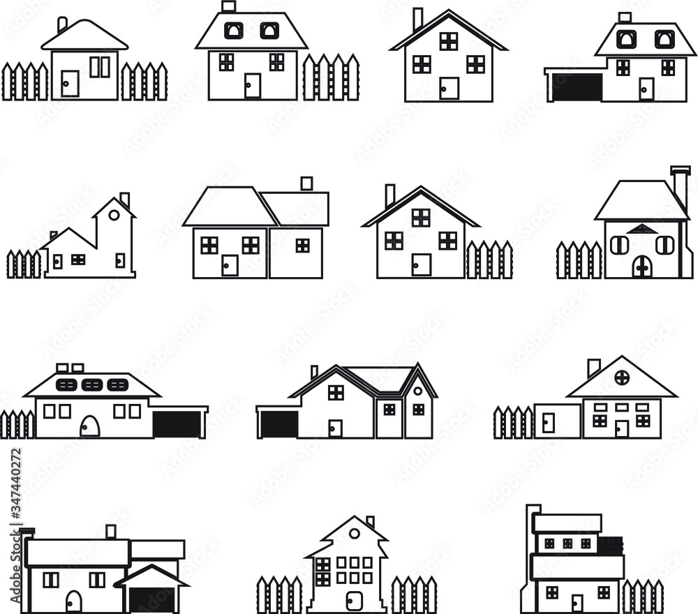 clip art, house vector icon set, isolated, urban and rural houses with chimneys