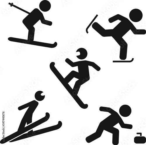 Winter sports vector icon set, skiing, ski jump, curling, ice skating, snowboarding