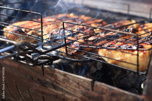 barbecue picnic, meat is roasted in the grill