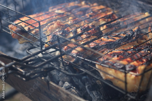 barbecue picnic, meat is roasted in the grill