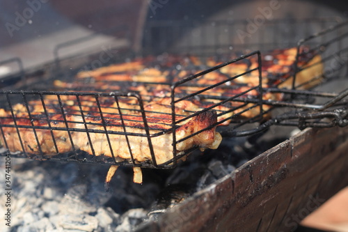 barbecue picnic, meat is roasted in the grill