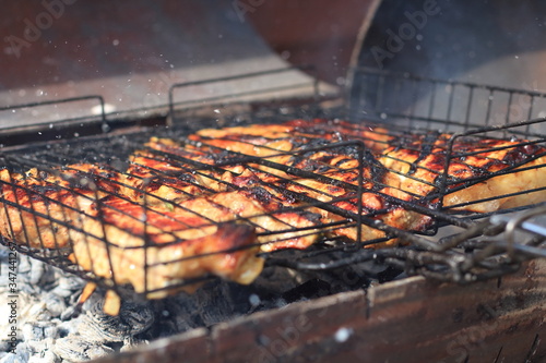 barbecue picnic, meat is roasted in the grill