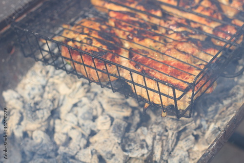 barbecue picnic, meat is roasted in the grill