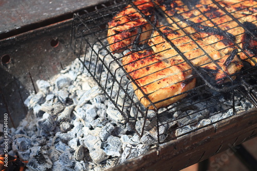barbecue picnic, meat is roasted in the grill
