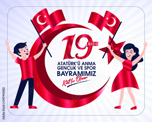 Milli Mucadelenin 101. Yılı, 19 mayıs Ataturk'u Anma, Gençlik ve Spor Bayramı, translation: 19 may Commemoration of Ataturk, Youth and Sports Day, 101th Year National Mucadelen. photo