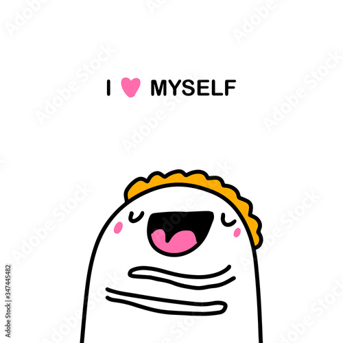 I love myself hand drawn vector illustration in cartoon comic style man hugs his body