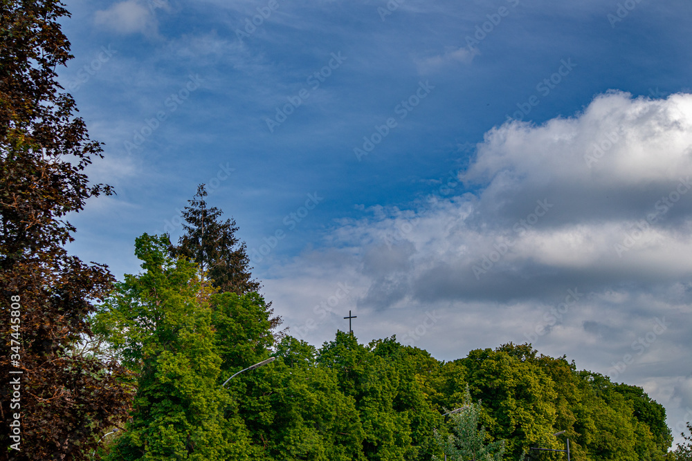 Cross looking out over trees in the distance Cross looking out over trees in the distance