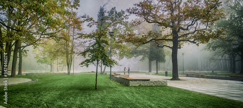 spotkanie w parku rano jesienią we mgle
