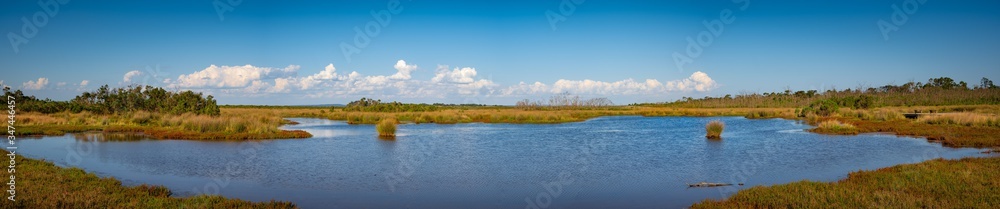 Wide panorama of coastal wetlands in Hastings, Victoria, Australia