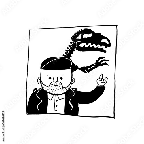 bearded man in a cap and a dinosaur skeleton. Vector sketch