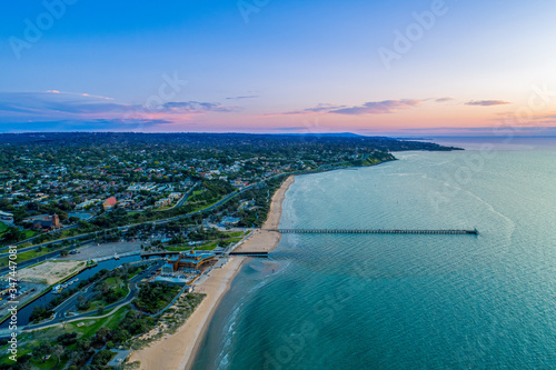 Aerial view of Frankston waterfront and Mornington Peninsula coastline at dusk in Melbourne, Australia photo