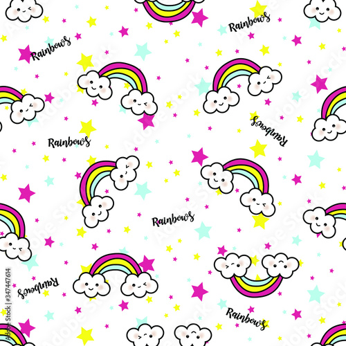 seamless pattern, clouds and rainbows on sky background. vector, illustration