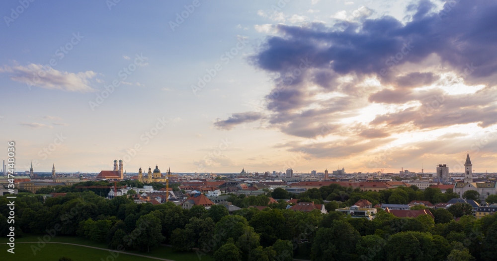 View over Munich during sunset, frauenkirche, panorama