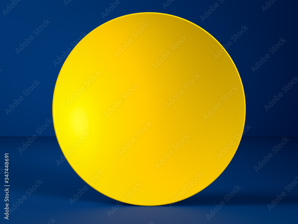 Blank yellow round disk or sign over blue background. Place your text or advertisemnt on copy space. Perfect background or mockup for placing your text or object. Copyspace. 3d render