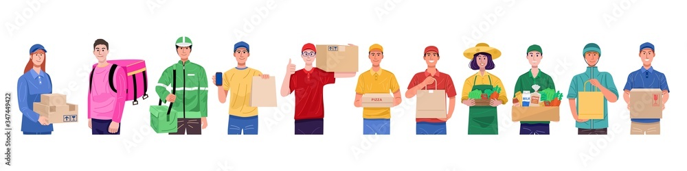 Flat design concept, Set of delivery man in various characters. Vector - obrazy, fototapety, plakaty 