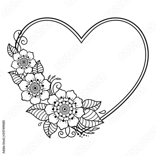Decorative frame with floral pattern in forn of heart in mehndi style. Antistress coloring book page. Doodle ornament in black and white. Outline hand draw vector illustration.