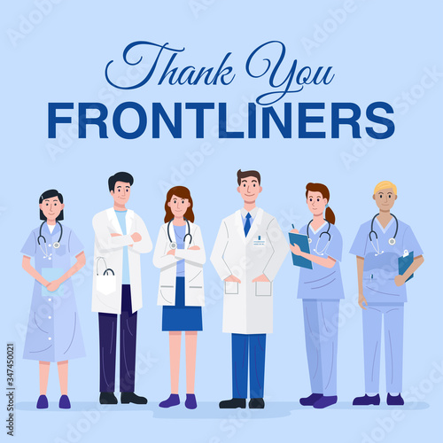 Thank you doctors and nurses concept. Illustration of doctors and nurses standing. Vector
