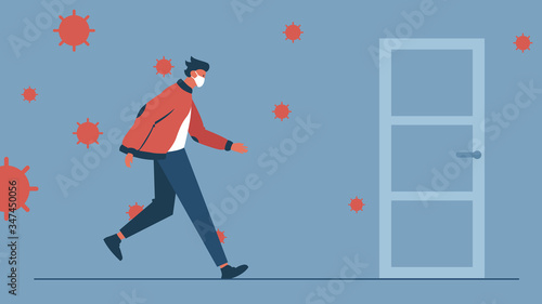 Vector concept illustration of a man running to the door of the apartment through the air infected with a virus. It represents a concept of quarantine, isolation, coronavirus, risk of infection