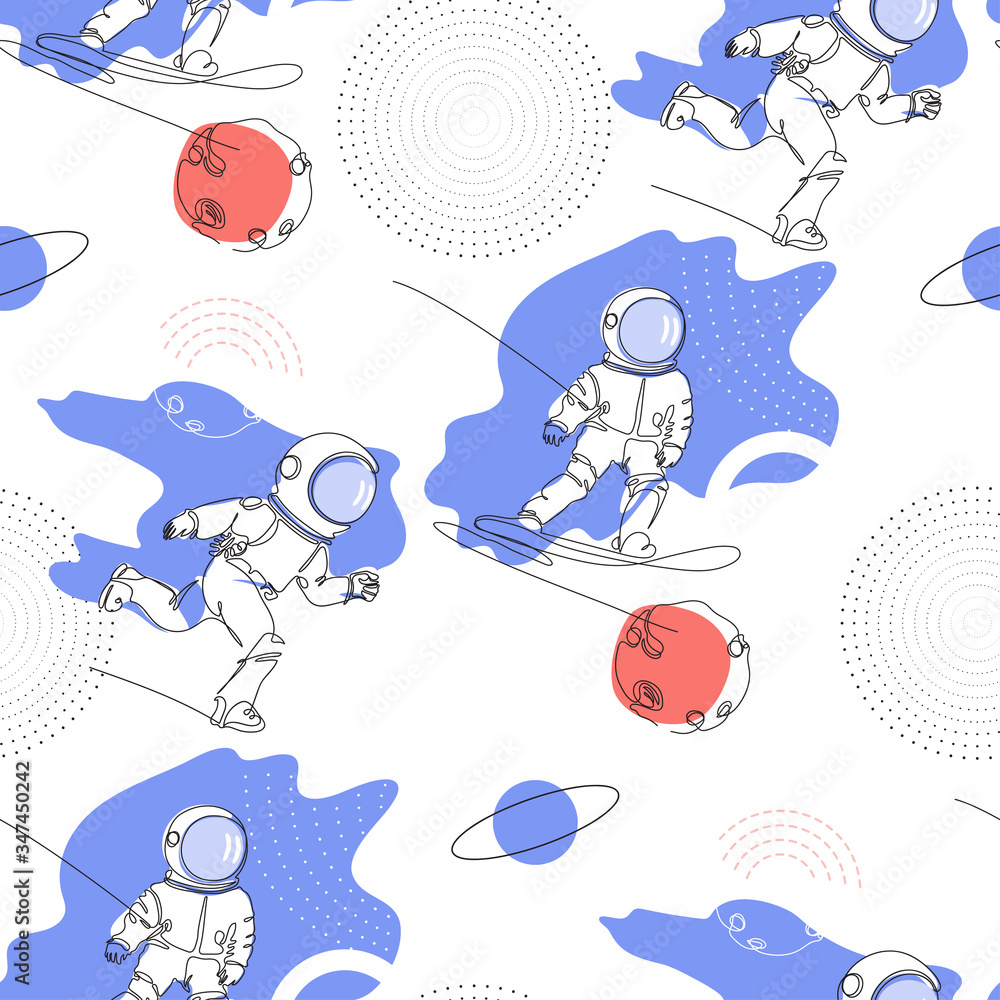 Seamless pattern. Astronaut runs in space. An astronaut is snowboarding among the galaxy. Seamless pattern. Astronaut runs in space. An astronaut is snowboarding among the galaxy.