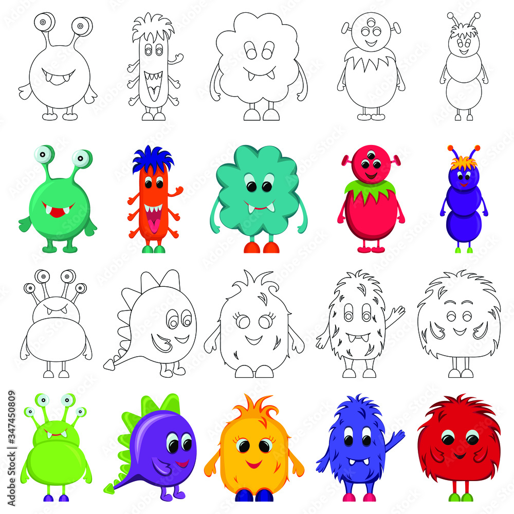 Obraz premium Set of cute monsters illustrations for coloring page or book. Black outline and color elements isolated on white. Vector drawing.