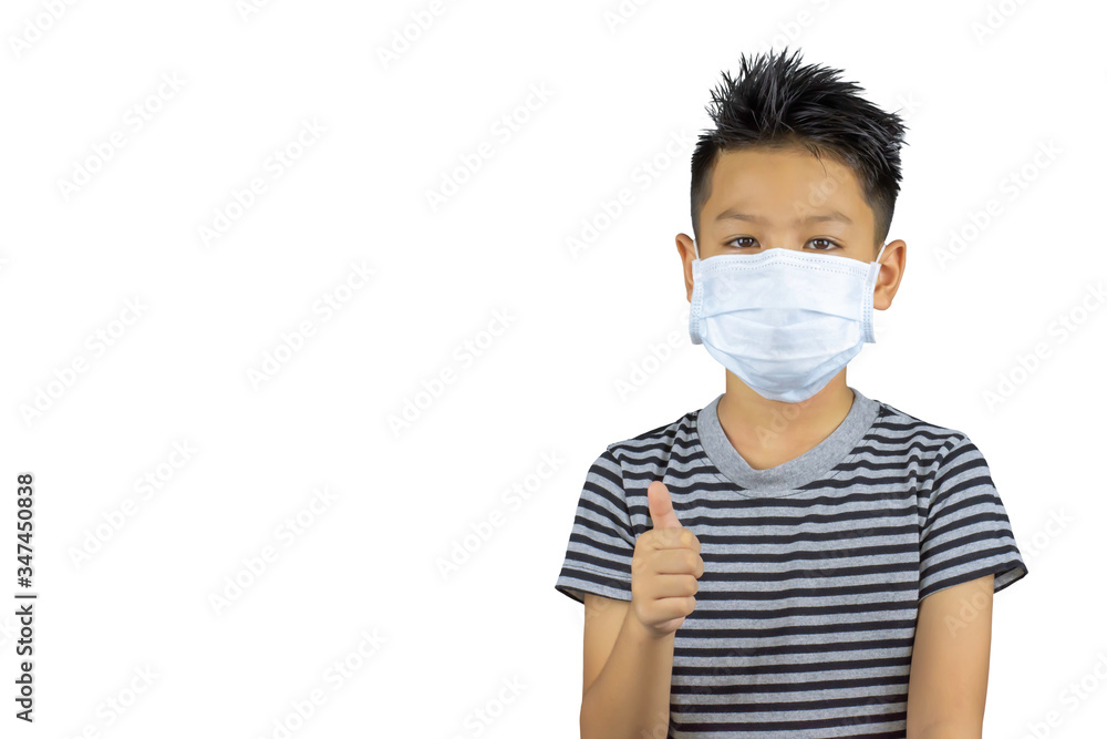 Isolated Asian boy wearing a mask and raised his arms on a white background with clipping path. Isolated Asian boy wearing a mask and raised his arms on a white background with clipping path.
