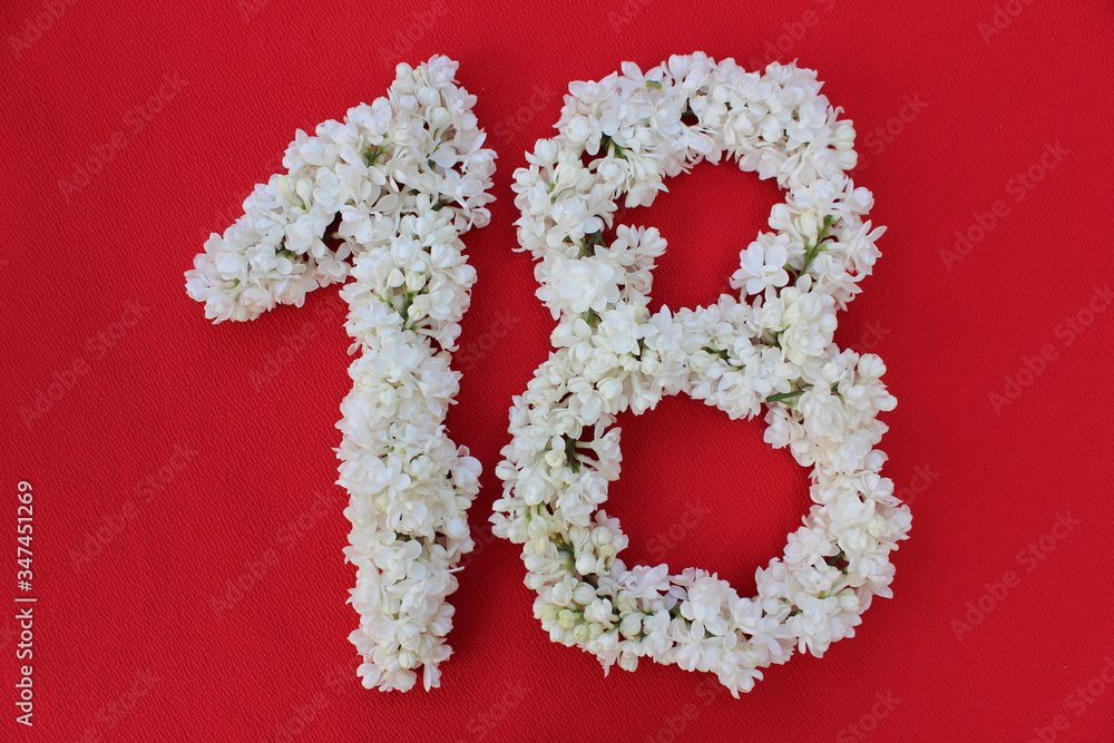 The number 18 is written in white lilac flowers on a red background. The number eighteen is written in fresh flowers, isolated on red. Arabic numeral lined with flowers.