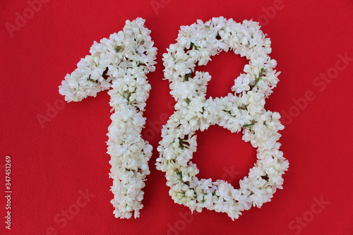 Obraz na płótnie The number 18 is written in white lilac flowers on a red background. The number eighteen is written in fresh flowers, isolated on red. Arabic numeral lined with flowers. w salonie