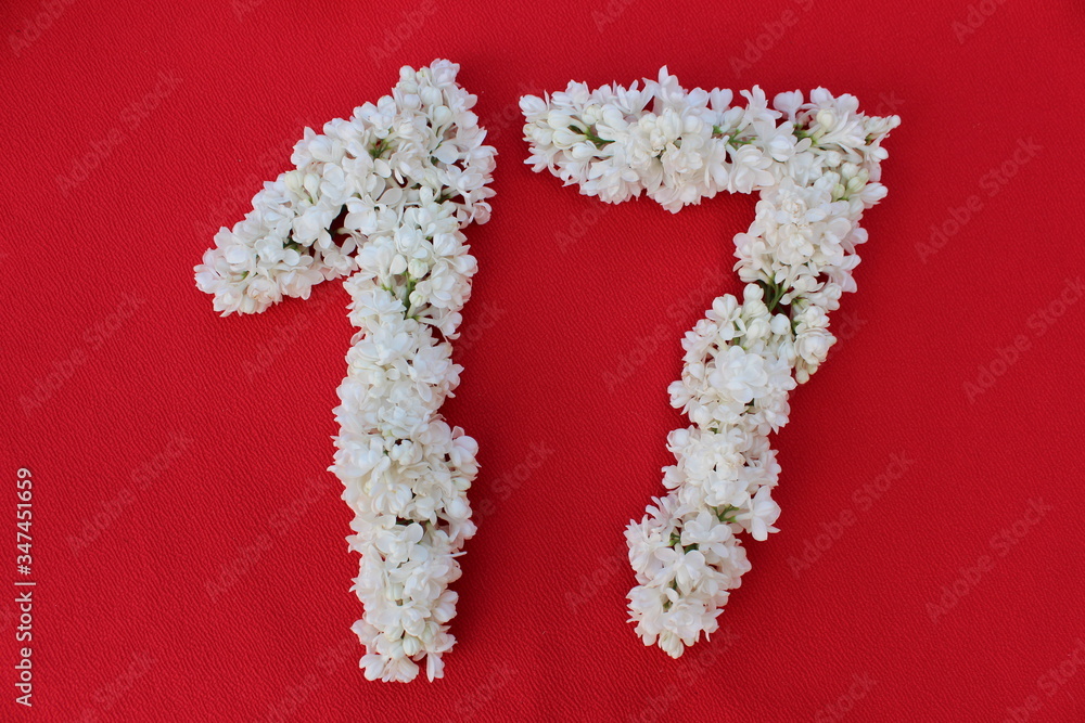 The number 17 is written in white lilac flowers on a red background. The number seventeen is written in fresh flowers, isolated on red. Arabic numeral lined with flowers.