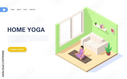 Concept of doing yoga at home. A girl sits in a lotus position in her apartment.