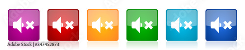 Speaker volume icon set, colorful square glossy vector illustrations in 6 options for web design and mobile applications