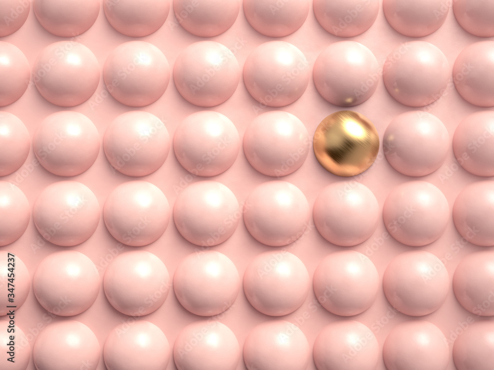 Abstract 3d render image of one golden ball among pink plast spheres. Concept of leadership, success, and difference. Abstract 3d render image of one golden ball among pink plast spheres. Concept of leadership, success, and difference.