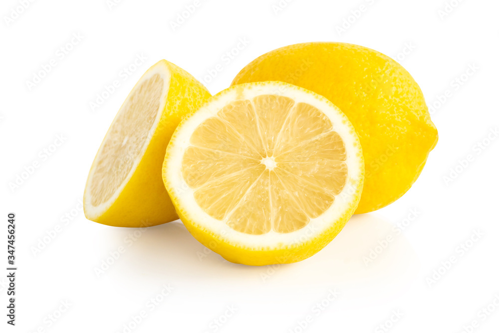 Closeup fresh lemon fruit slice isolated on white background, food and healthy concept Closeup fresh lemon fruit slice isolated on white background, food and healthy concept