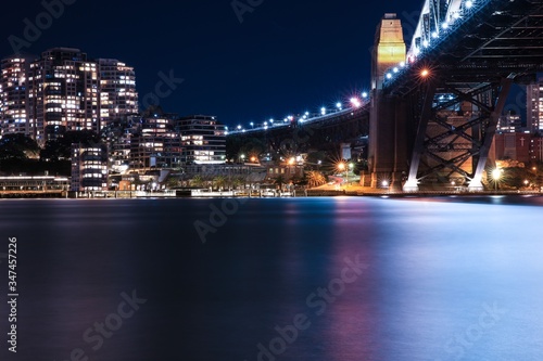 Sydney Harbour Bridge long night exposure showing the vibrant colours of the lights on the water