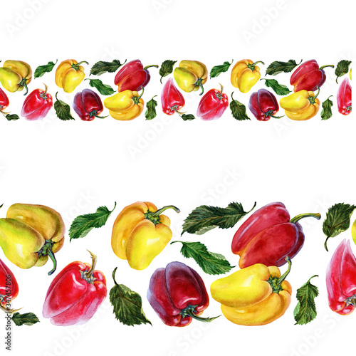 Watercolor illustration of peppers in the shape of a border