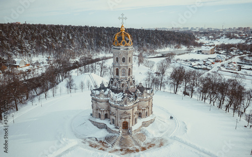 Photography Orthodox Church in the neo-Gothic style in a city near Moscow with a Golden dome