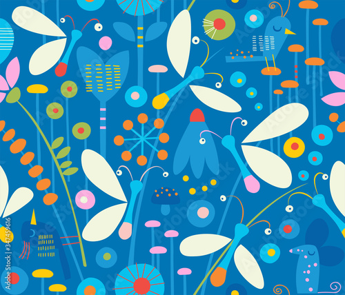 Cute seamless pattern of bioluminescent fireflies in grass at night surrounded by flowers, birds, plants and mice on dark blue background