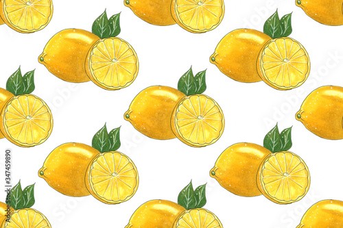 Lemon hand drawn marker illustration. Fruit sketch. Realistic citrus plant with leaves freehand drawing. Design elements isolated on white background. Seamless pattern.