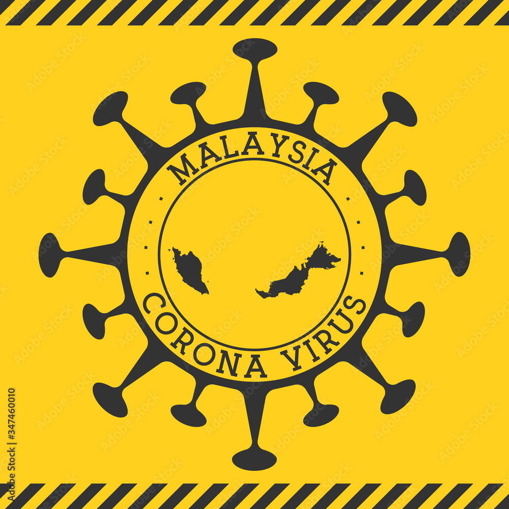 Corona virus in Malaysia sign. Round badge with shape of virus and Malaysia map. Yellow country epidemy lock down stamp. Vector illustration.