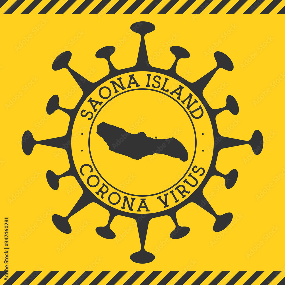 Corona virus in Saona Island sign. Round badge with shape of virus and Saona Island map. Yellow island epidemy lock down stamp. Vector illustration.
