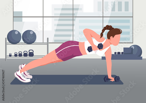 Push ups with dumbbells flat color vector illustration. Female athlete, sportswoman 2D cartoon character with gym on background. Fitness center training, HIIT. Physical training, bodybuilding exercise