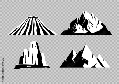 High mountains flat black and white vector objects set. Ice peaks. Wild nature landscape elements. Dry desert canyon. 2D isolated cartoon illustrations on white background