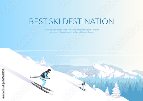 Best ski destination banner flat vector template. Brochure, poster concept design with cartoon characters. Winter vacation. Mountaineering horizontal flyer, leaflet with place for text