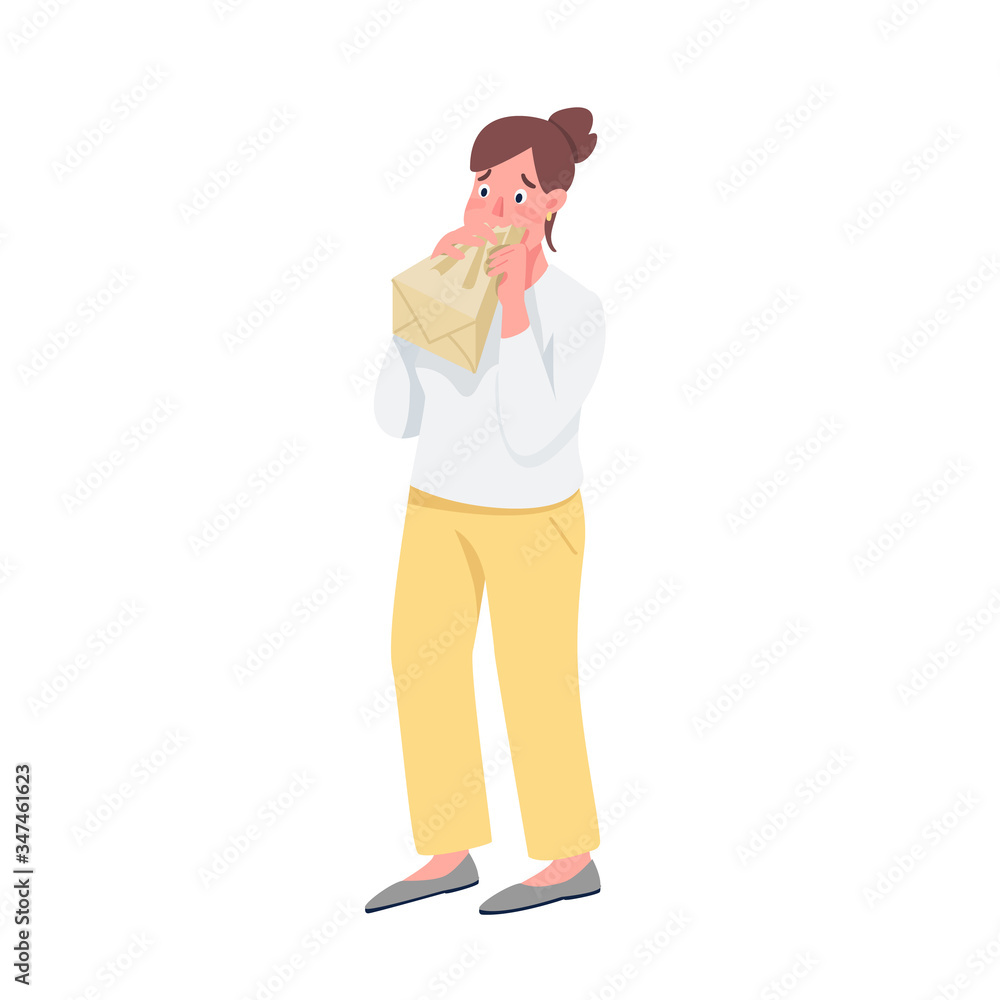 Woman breathing in bag flat color vector detailed character. Girl with panic attack isolated cartoon illustration for web graphic design and animation. Hyperventilation, anxiety, stress management