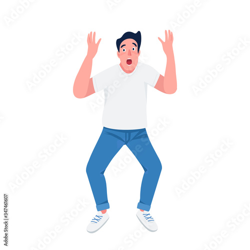 Shocked man flat color vector detailed character. Scared guy with hands in air isolated cartoon illustration for web graphic design and animation. Panic attack, stress disorder, emotional reaction