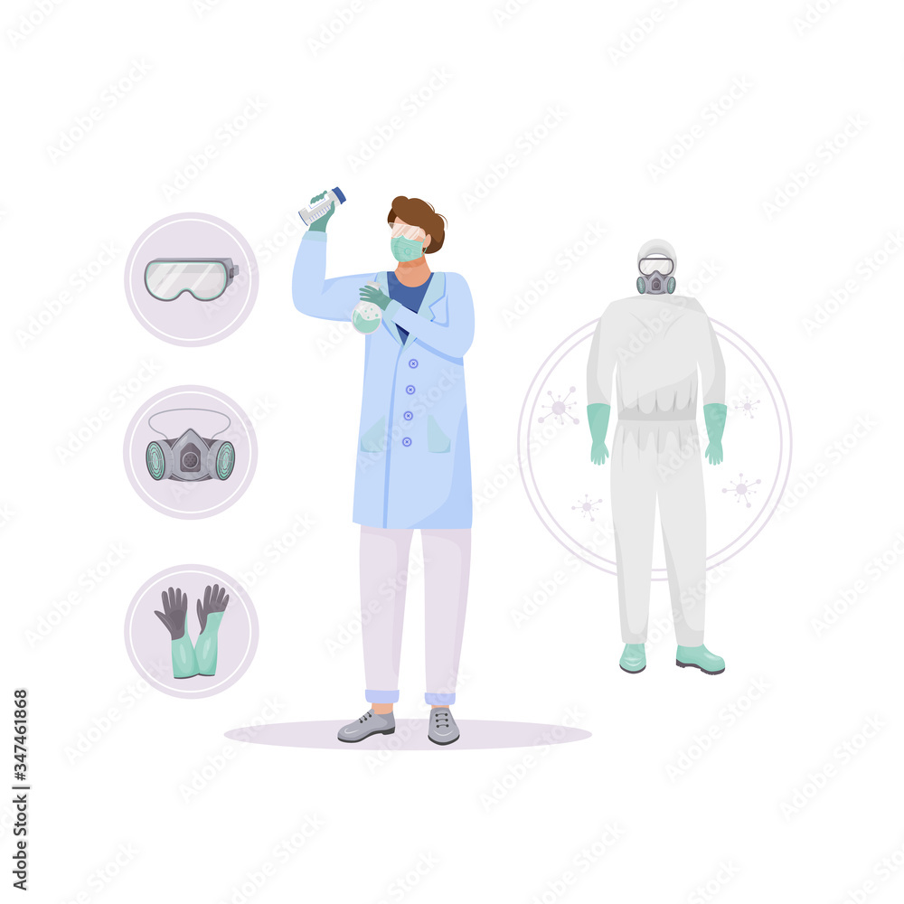 Protective clothing flat concept vector illustration. Radiation protection.  Chemist 2D cartoon character for web design. Personal protective equipment,  suit and respirator creative idea Stock Vector | Adobe Stock