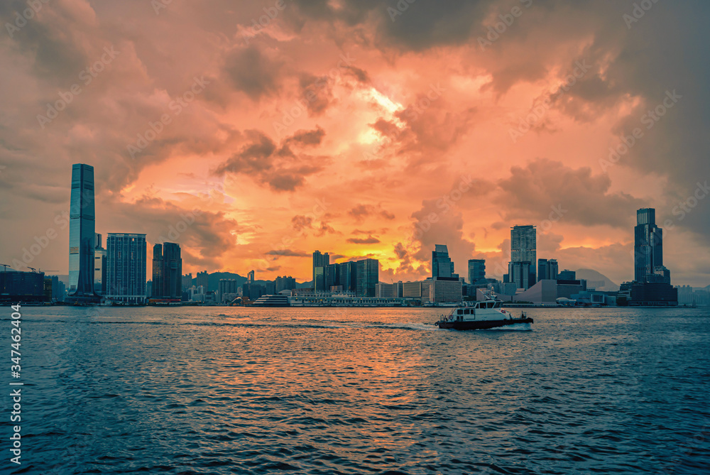 Hong Kong skyline city at sunrise view from Harbour.