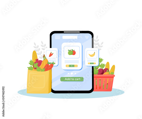 Greengrocery online ordering flat concept vector illustration. Vegetables and fruits store, fresh organic produce delivery service. Internet grocery mobile application creative idea