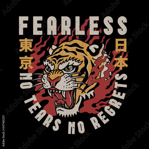 Tiger Head Illustration in Flames with Fearless Slogan and Japan and Tokyo Words with Japanese Letters Vector Artwork for Apparel and Other Uses