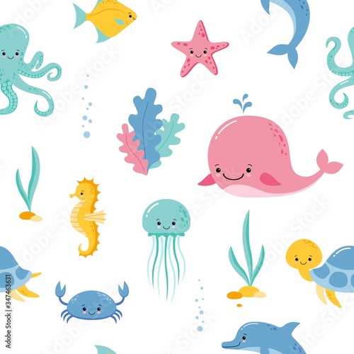 Cute sea and ocean cartoon animals and fishes. Seamless pattern background with underwater funny kawaii characters.